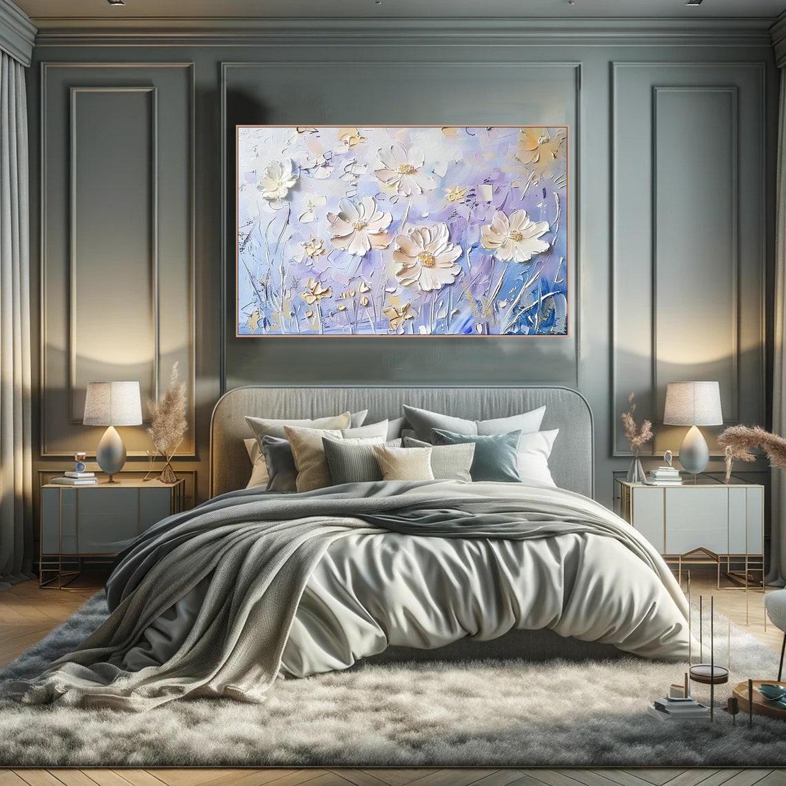 White Cosmos Flowers On Lavender Blue Impasto Texture Poster - Image 3