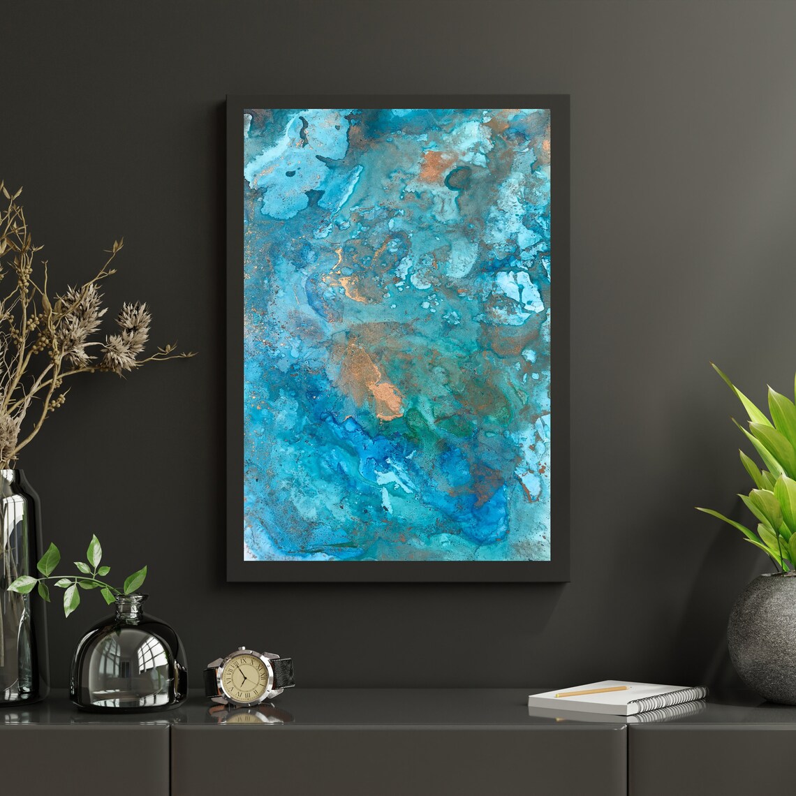 Turquoise Alcohol Ink Marine Artwork Gold Accents Coastal Wall Art - Image 2