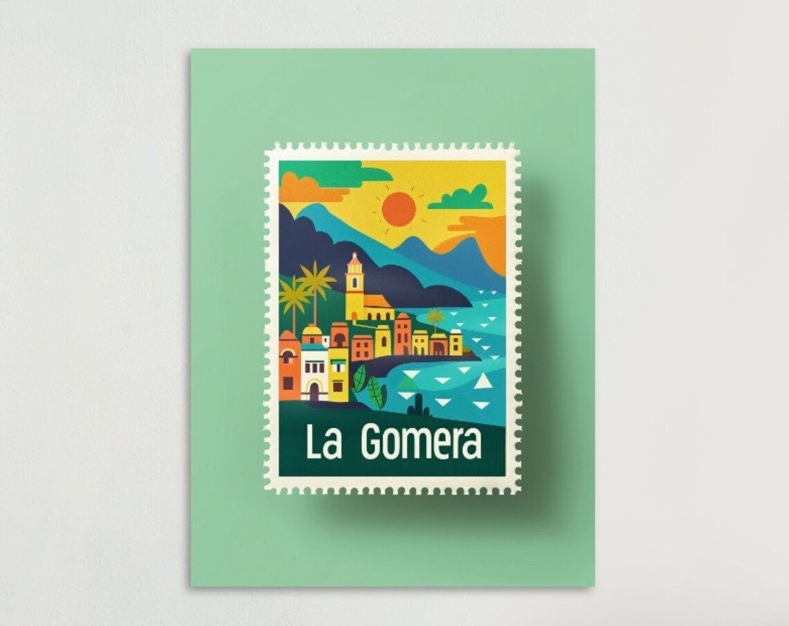 La Gomera Coastal Town Mountains Sun Postage Stamp Style Travel Poster