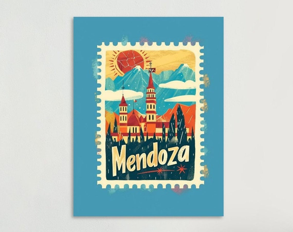 Mendoza Argentina Vintage Postage Stamp Mountain Town Travel Poster