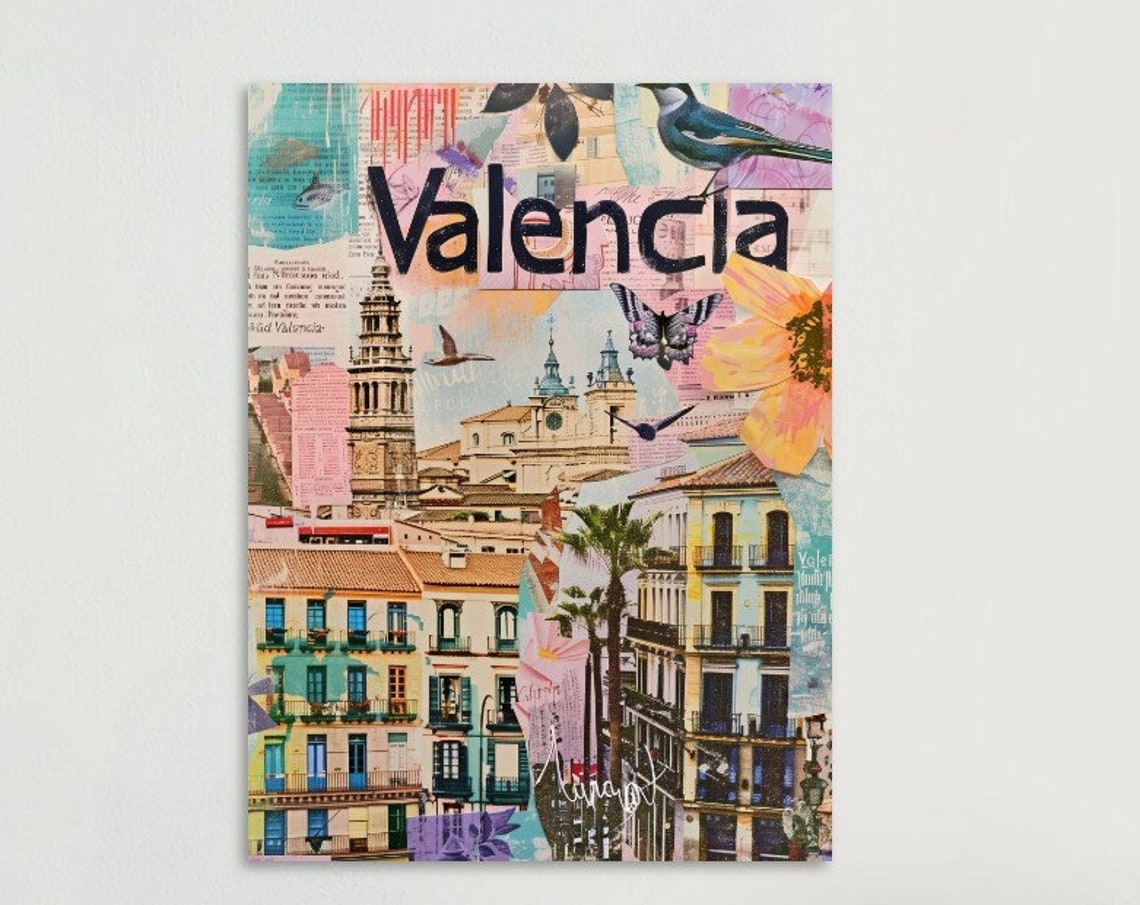 Valencia Old Town Bell Tower Butterfly Flowers Collage Travel Poster