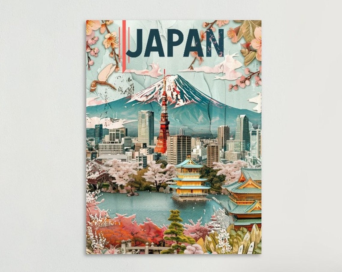 Japan Mount Fuji Tokyo Tower Cherry Blossom Collage Travel Poster