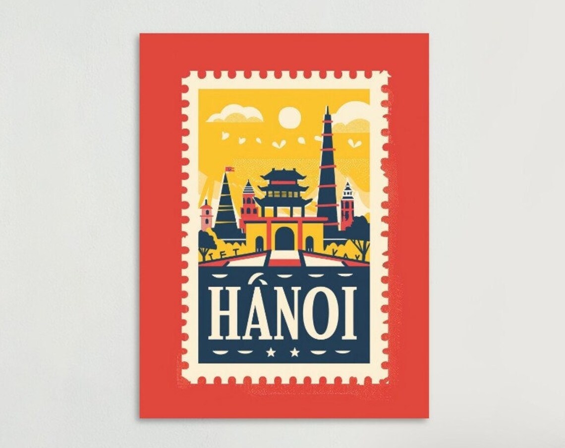 Hanoi Vietnam Temple Gate Flag Tower Retro Stamp Travel Poster