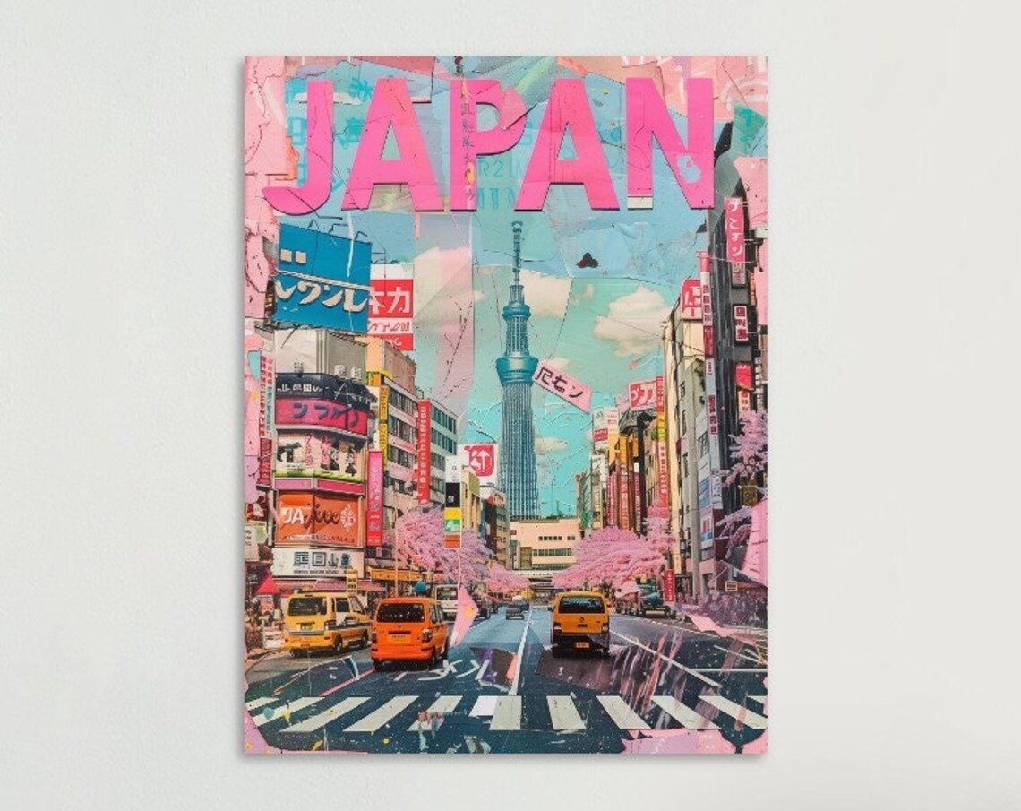 Japan Tokyo Skytree Cherry Blossom City Street Painterly Travel Poster
