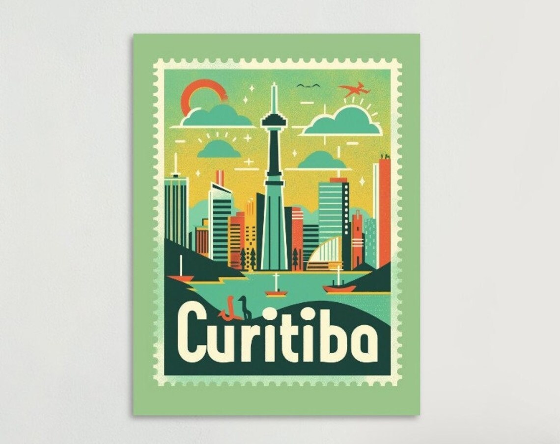 Curitiba Brazil Skyline Tower Boats Vintage Travel Stamp Poster