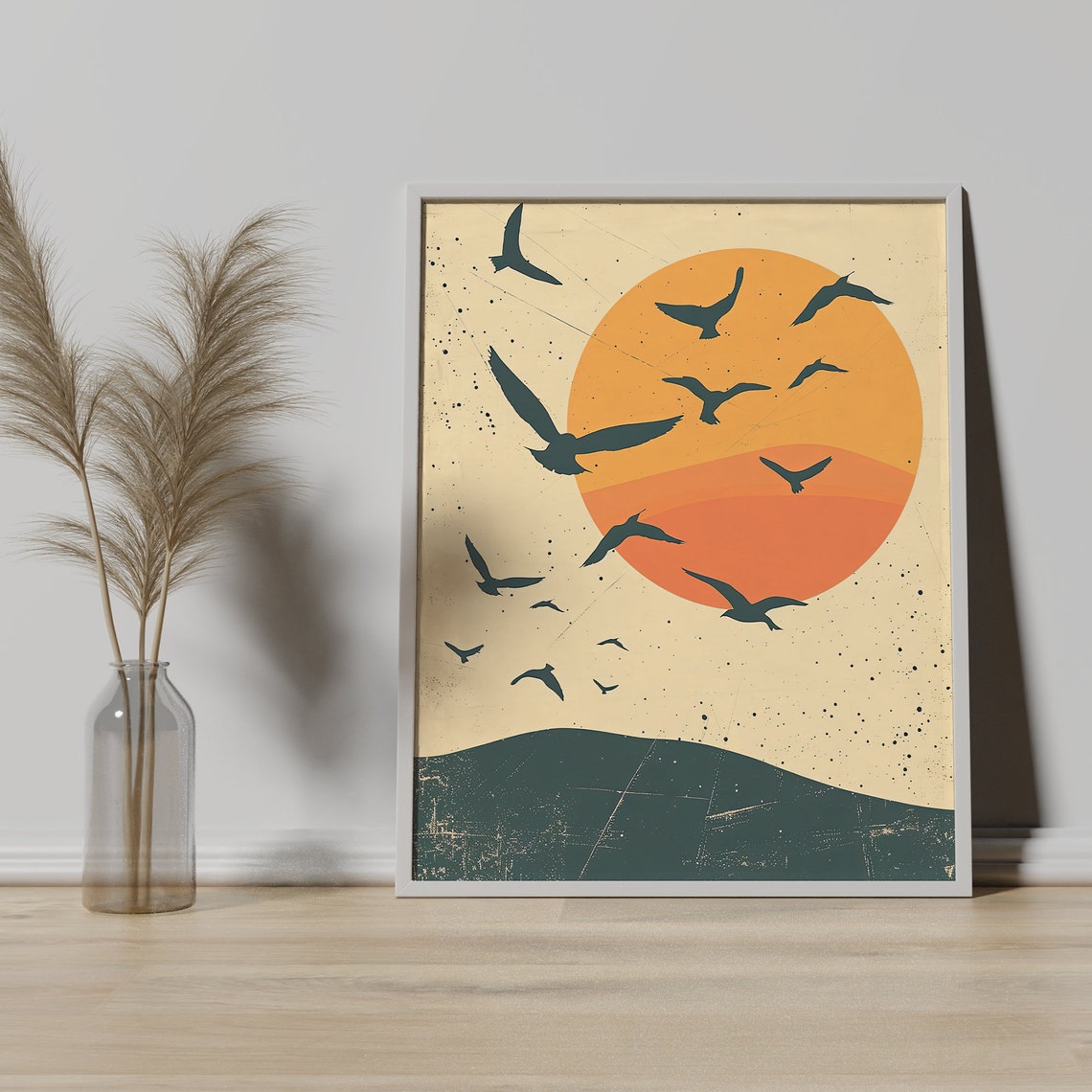 Flock Of Birds Flying Over Large Orange Sun Sunset Minimal Poster - Image 3