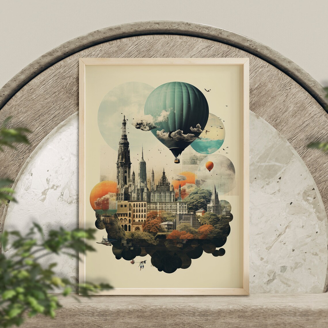 Vintage Travel Collage Hot Air Balloons Over Old City Poster - Image 3