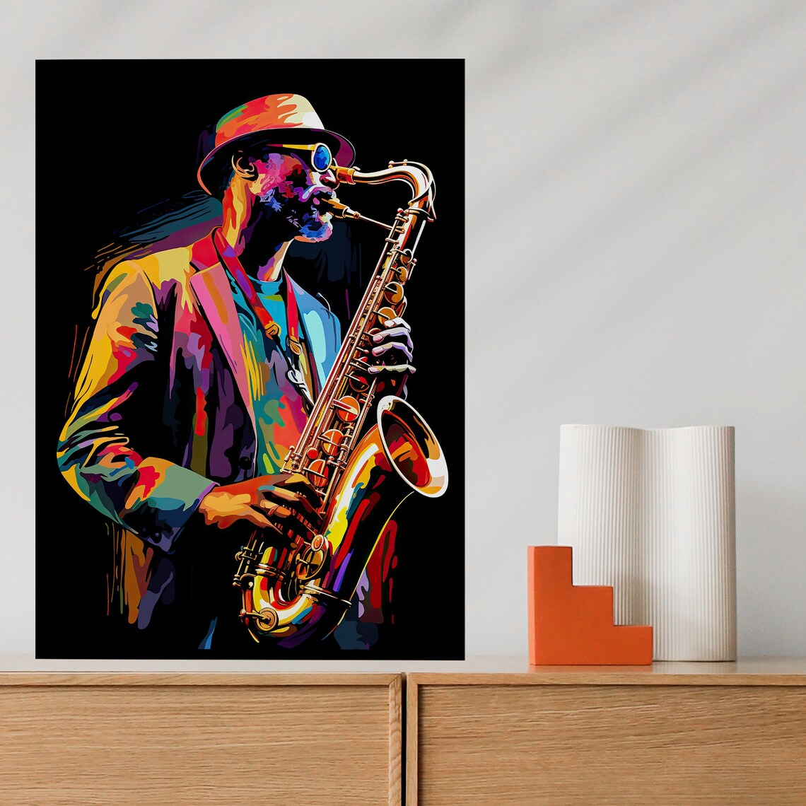 Colorful Pop Art Saxophonist With Hat Sunglasses Black Poster - Image 4