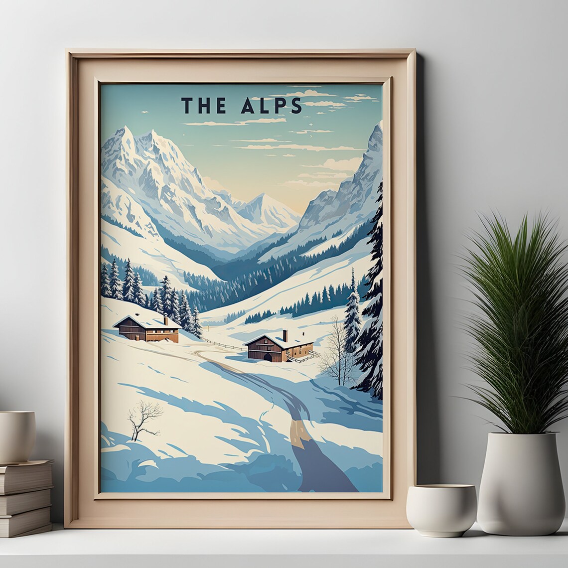 The Alps Vintage Travel Snowy Mountain Peaks Chalet Scene Poster - Image 4