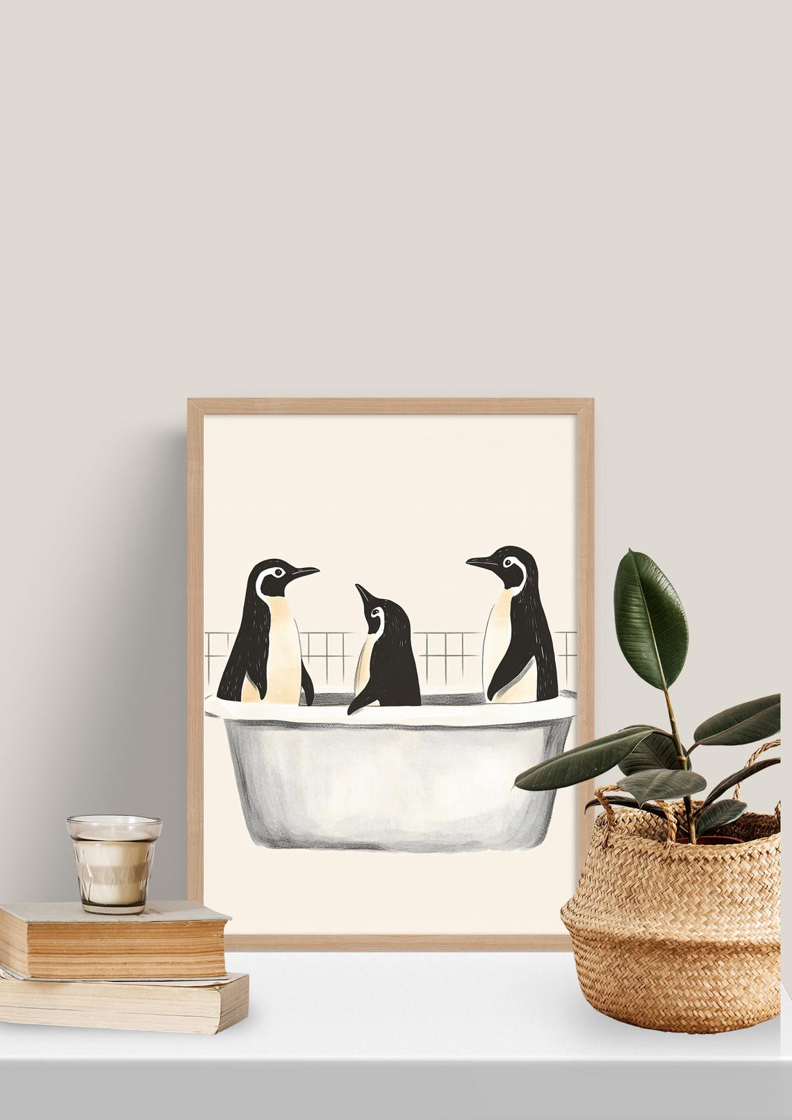 Three Penguins In Gray Bathtub Minimalist Beige Bathroom Poster - Image 4