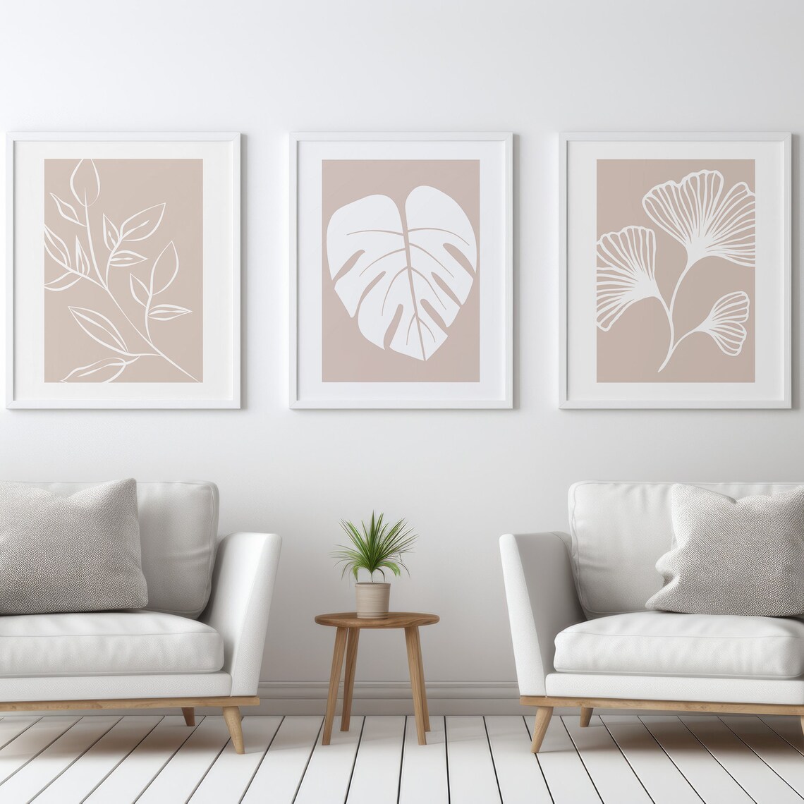 Set Of 3 Beige Botanical Line Art Leaves Monstera Ginkgo Poster - Image 4