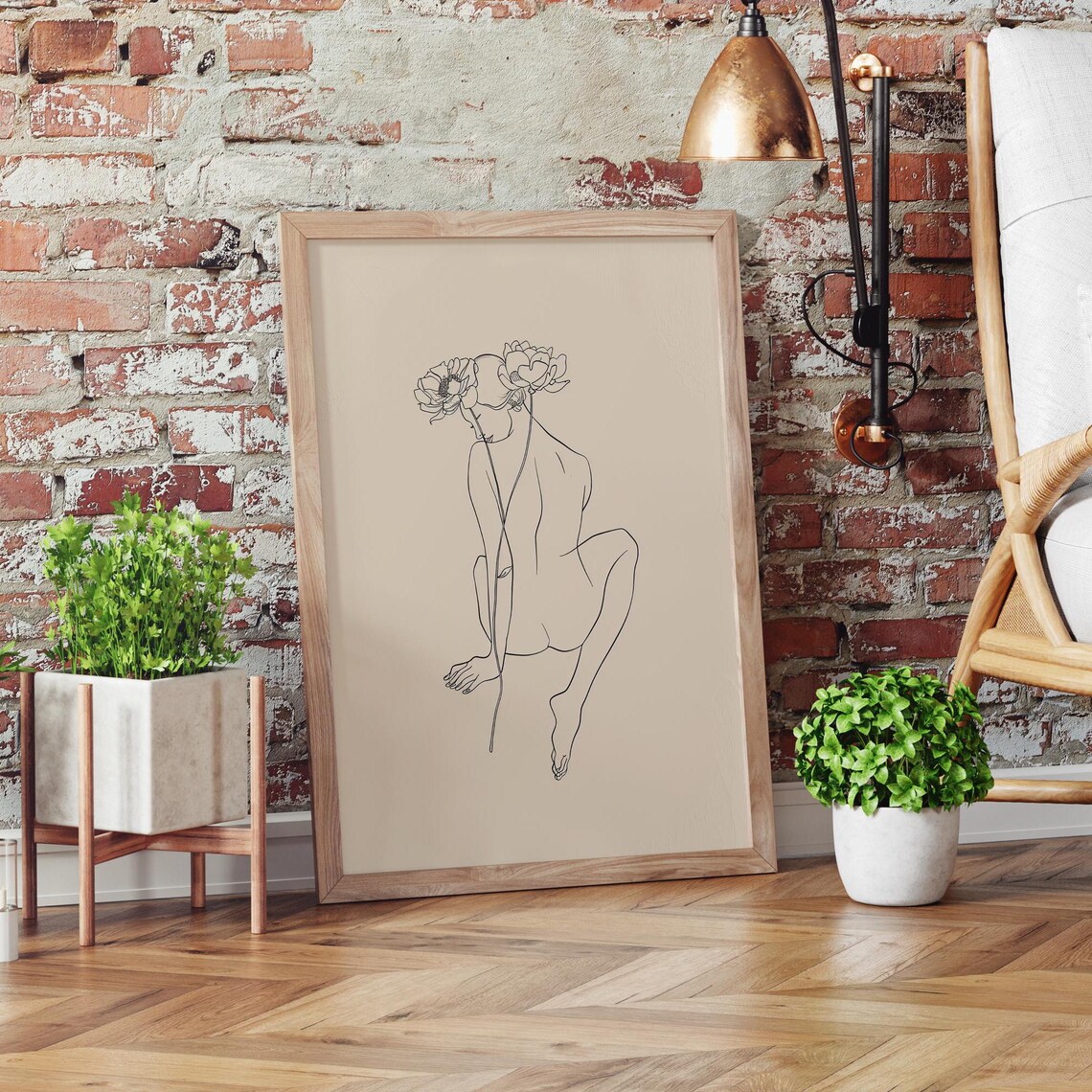 Female Line Drawing Floral Head Minimalist Neutral Figure Poster - Image 2