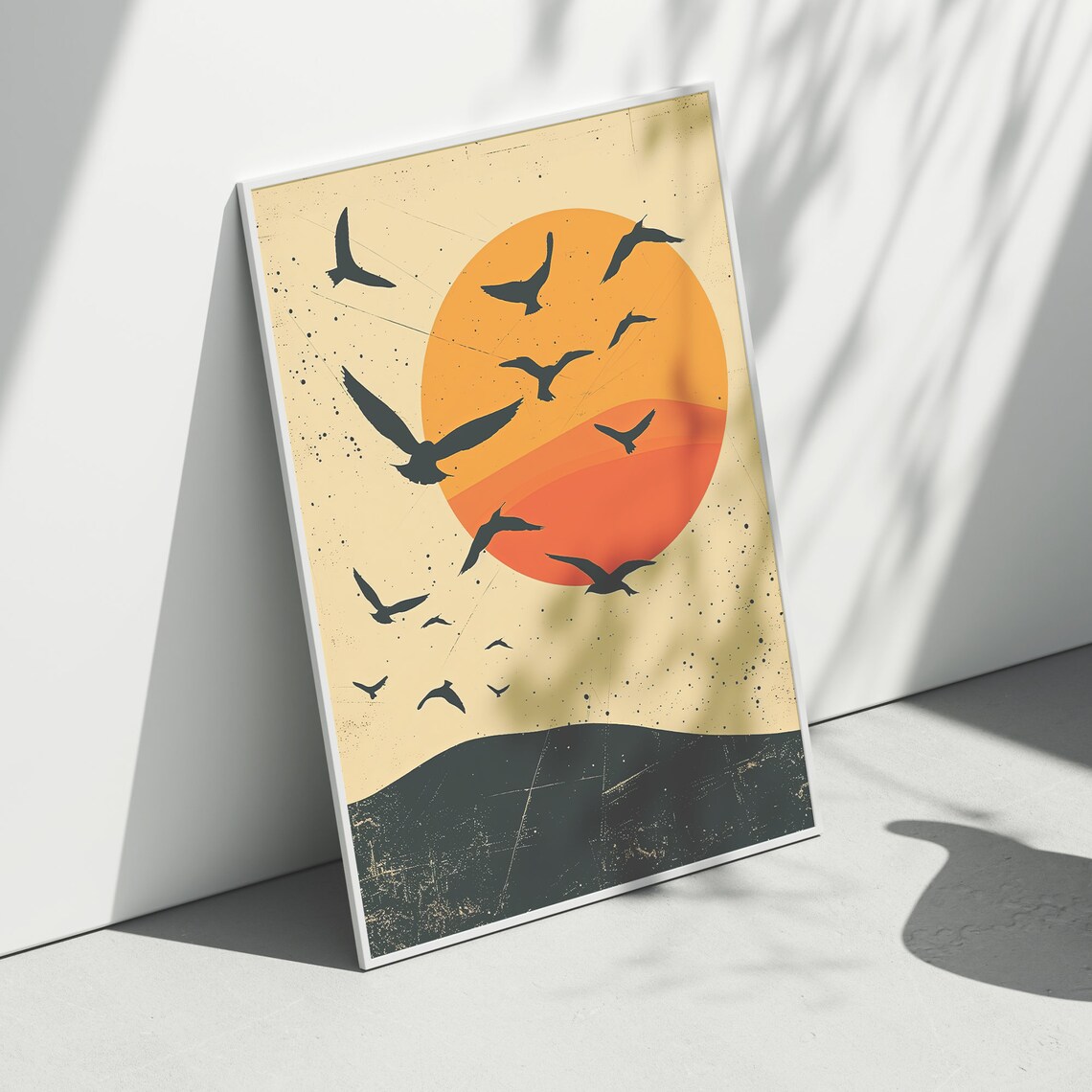 Flock Of Birds Flying Over Large Orange Sun Sunset Minimal Poster - Image 2