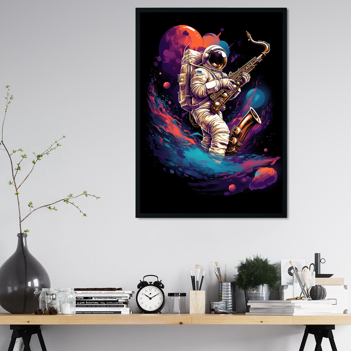 Astronaut Playing Saxophone Space Planets Neon Galaxy Art Poster - Image 4