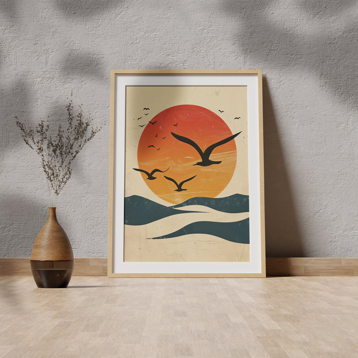 Seagulls Flying Over Big Red Sun Waves Vintage Coastal Art Poster - Image 6