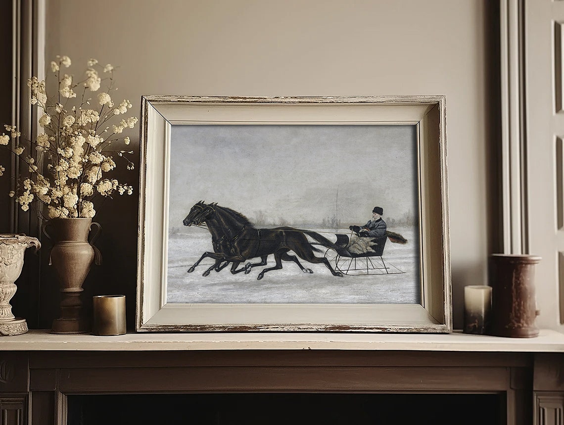 Vintage Two Horse Sleigh Ride Winter Snow Galloping Scene Poster - Image 4
