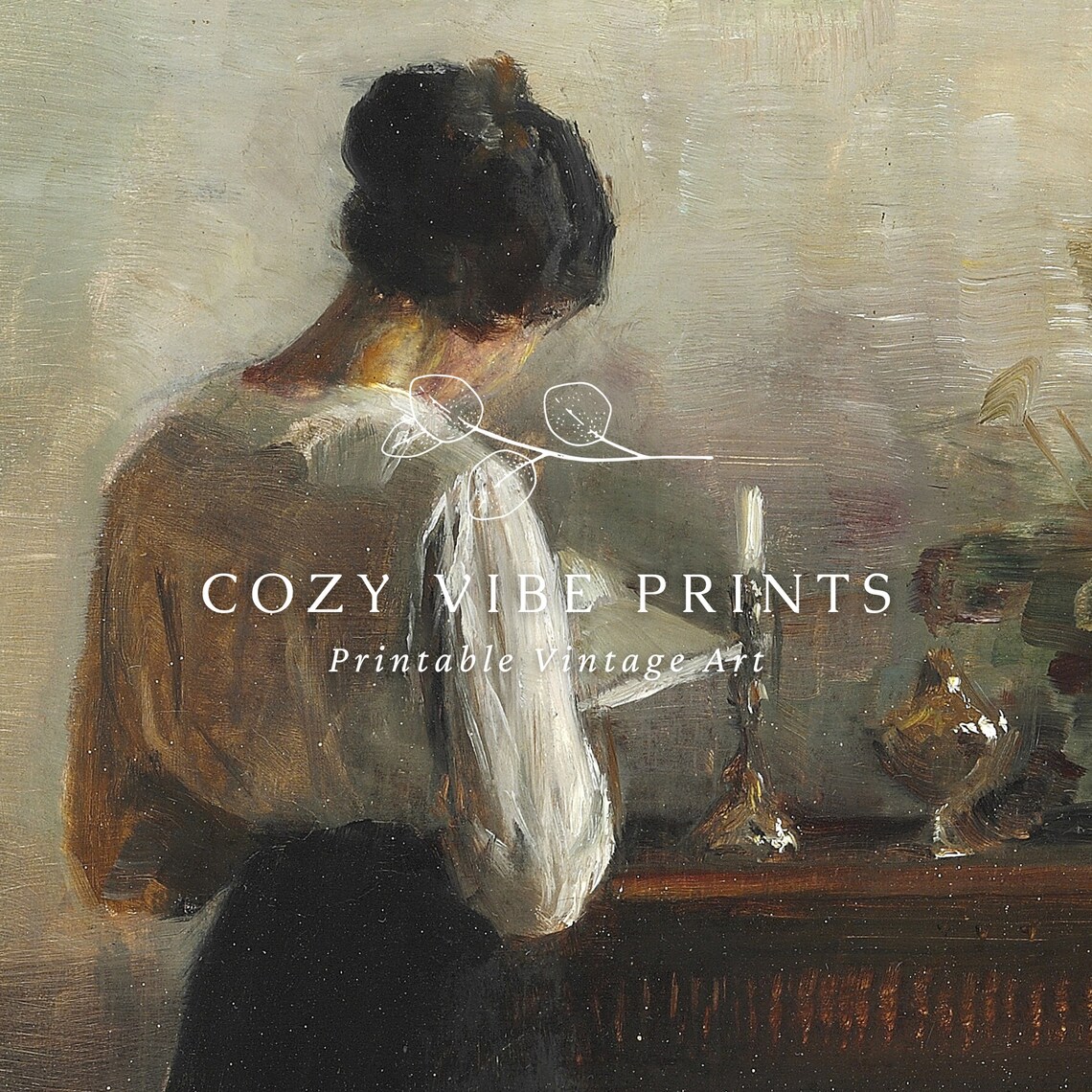Vintage Woman Reading By Candlelit Sideboard Quiet Interior Oil Poster - Image 3