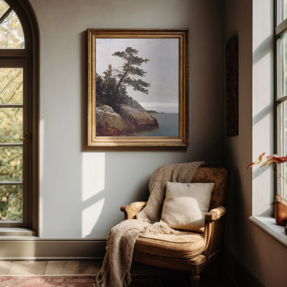 Vintage Lone Pine Tree Rocky Coast Antique Landscape Painting Poster - Image 4