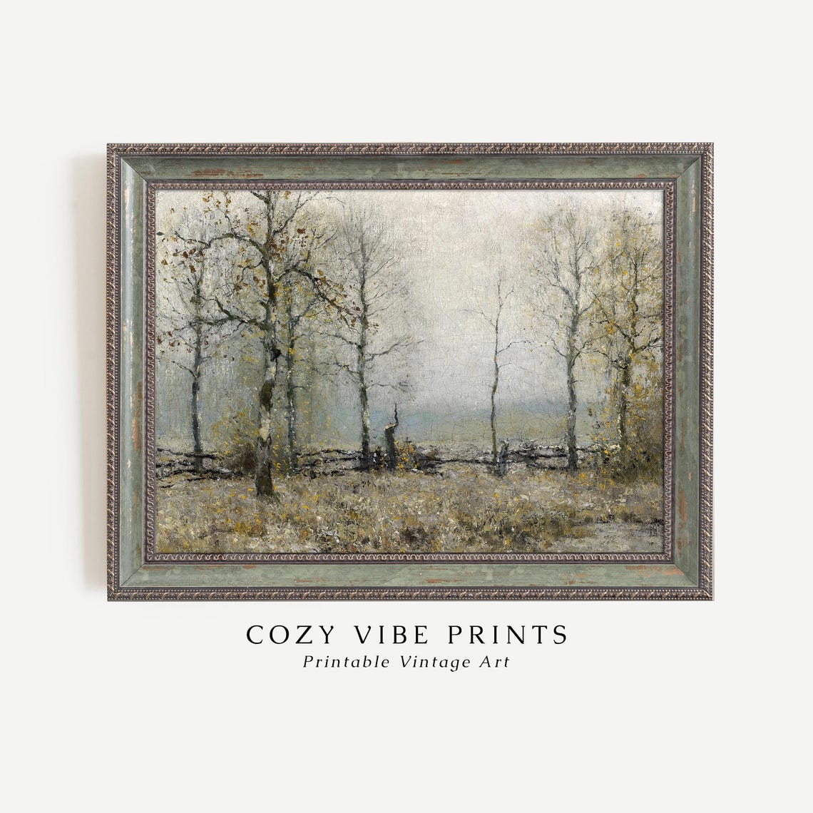 Rustic Autumn Birch Forest Oil Painting Muted Fall Landscape Poster