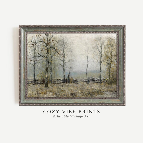 Rustic Autumn Birch Forest Oil Painting Muted Fall Landscape Poster