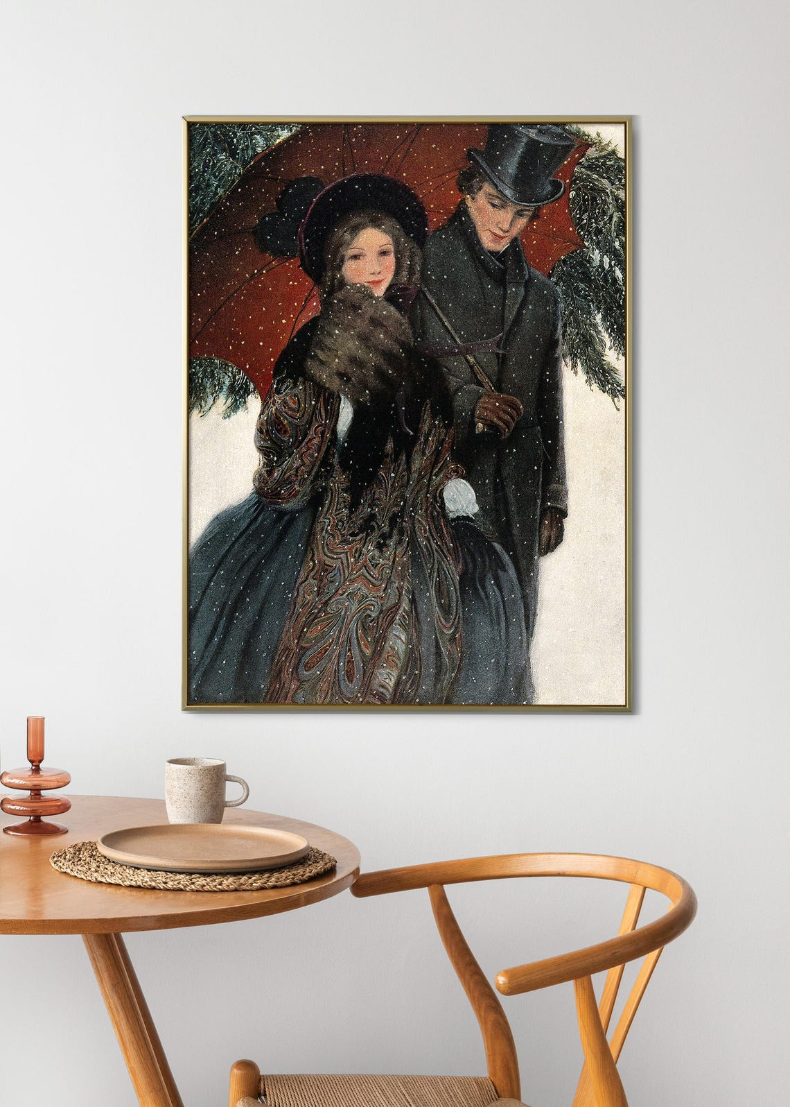 Victorian Couple in Snow Under Red Umbrella Christmas Romance Poster - Image 3