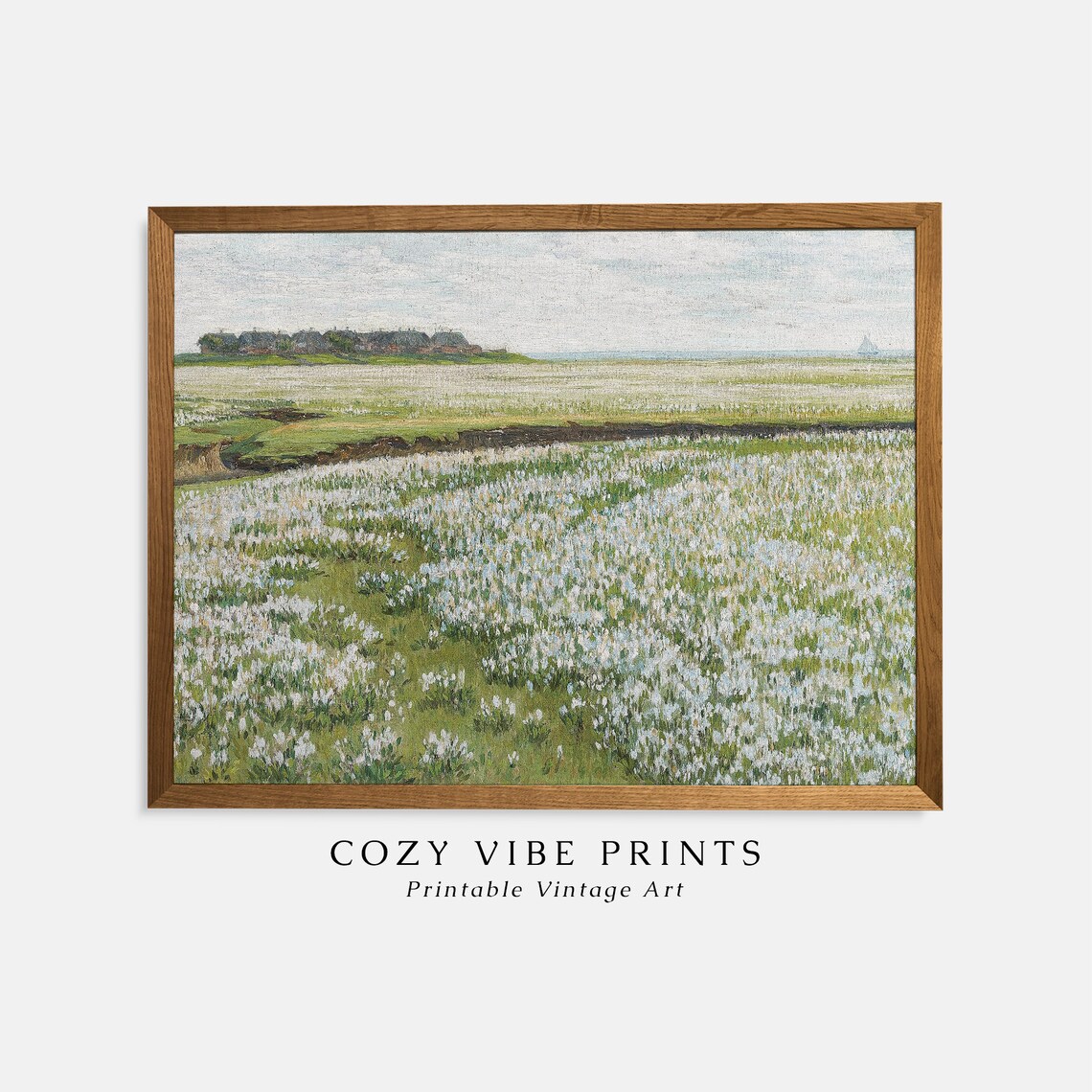 Vintage White Flower Meadow Landscape Painting Village View Poster
