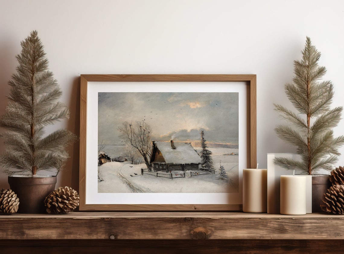 Snowy Winter Cottage at Dusk Vintage Rustic Farmhouse Landscape Poster - Image 4
