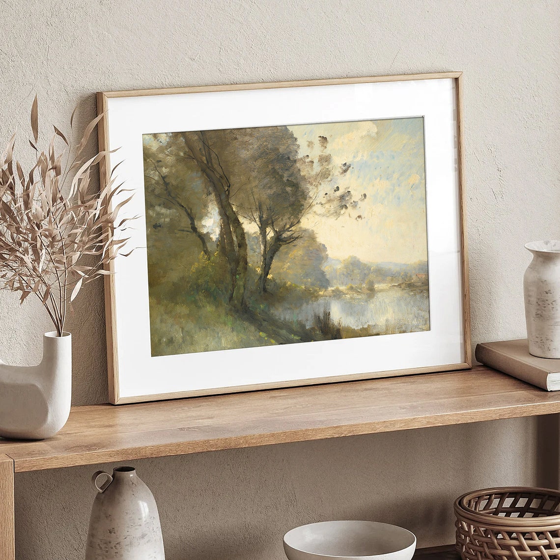 Soft Tones Riverside Trees Vintage Landscape Riverbank Painting Poster - Image 4