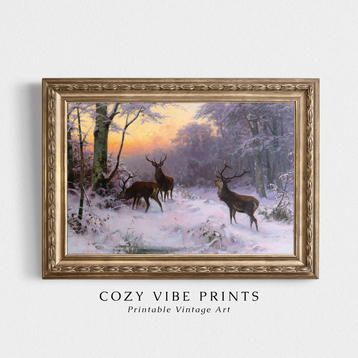 Three Stags in Snowy Forest at Sunset Vintage Winter Wildlife Poster