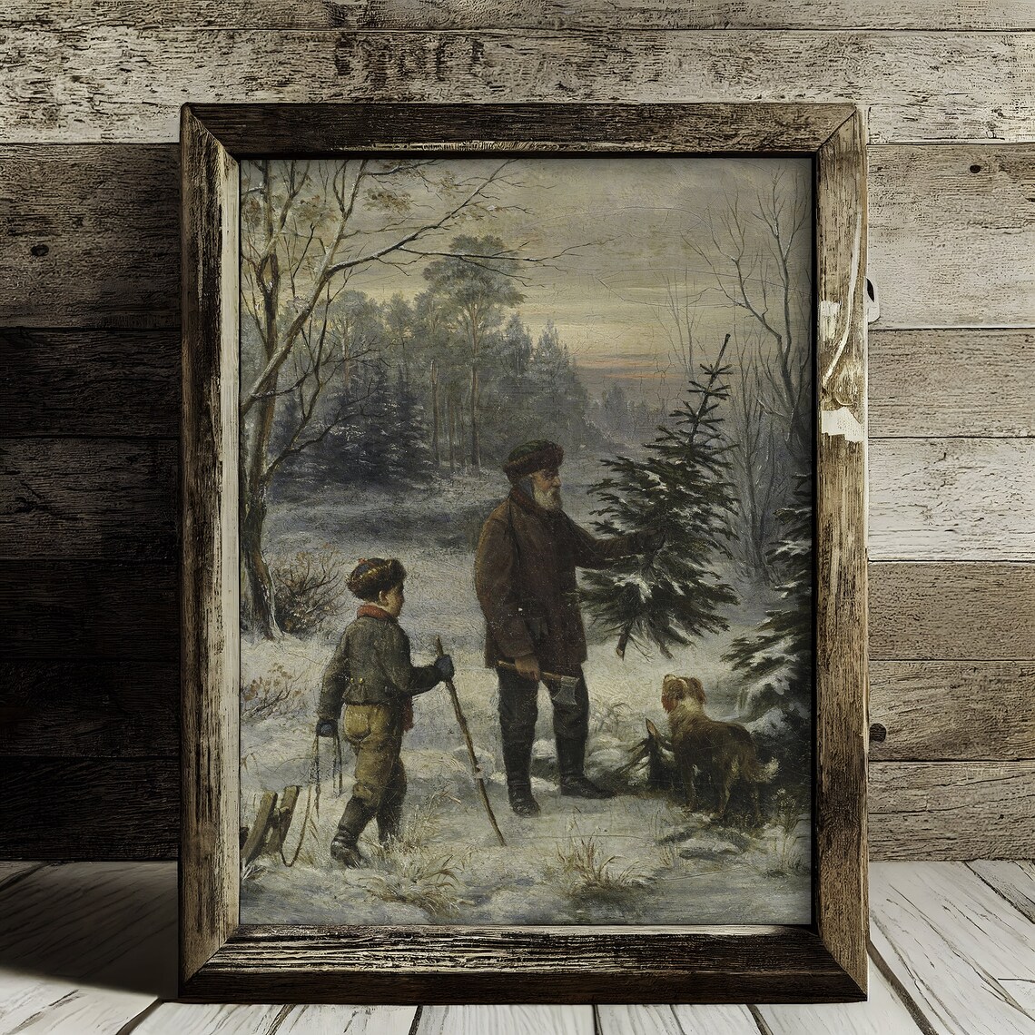Family Bringing Home the Christmas Tree Vintage Winter Painting Poster - Image 4