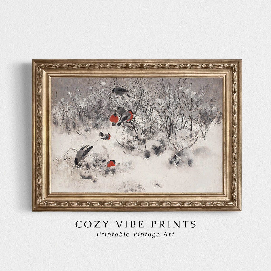 Bullfinches in Snowy Branches Vintage Winter Bird Painting Wall Art - Image 3