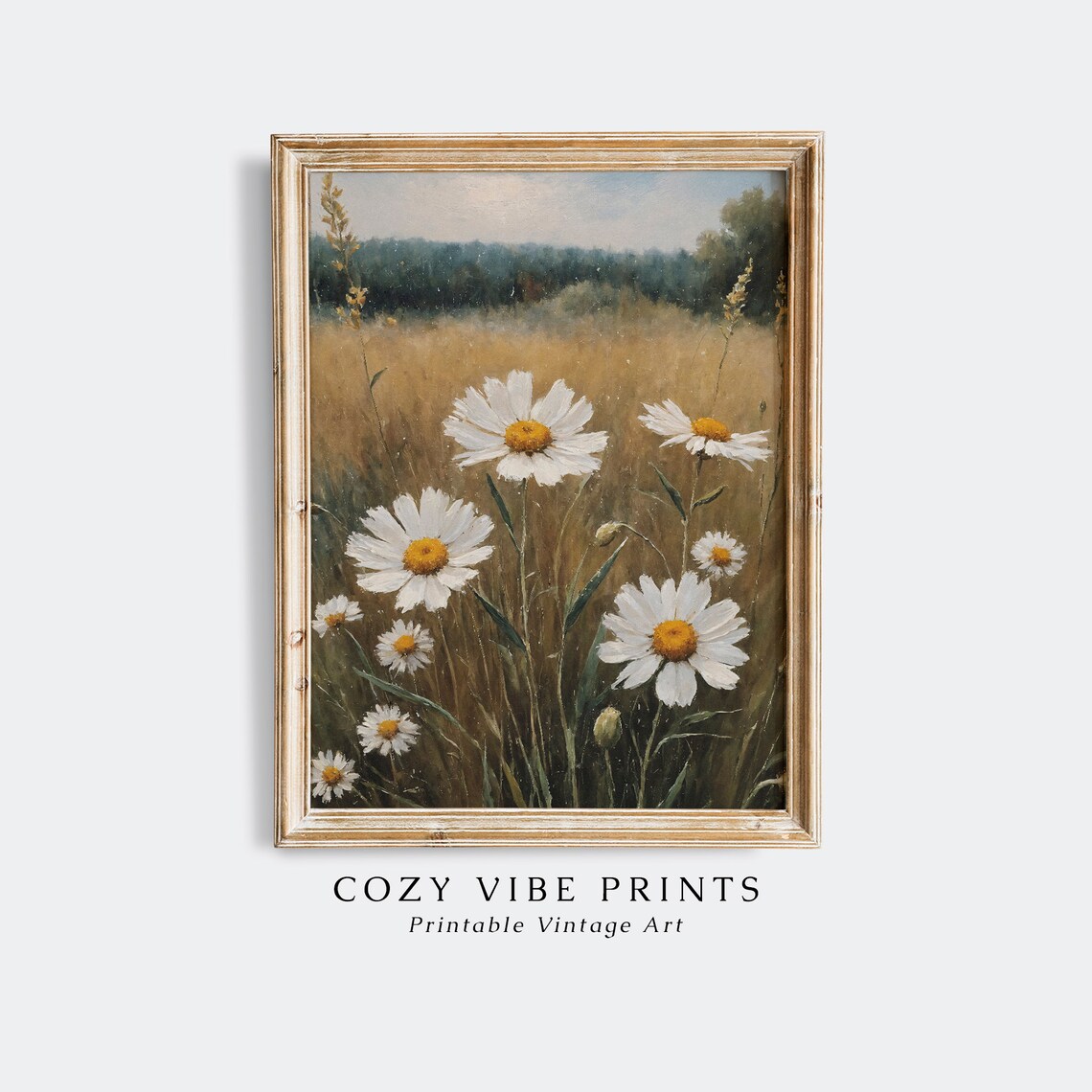 White Daisies in Golden Wheat Field Vintage Floral Landscape Poster
