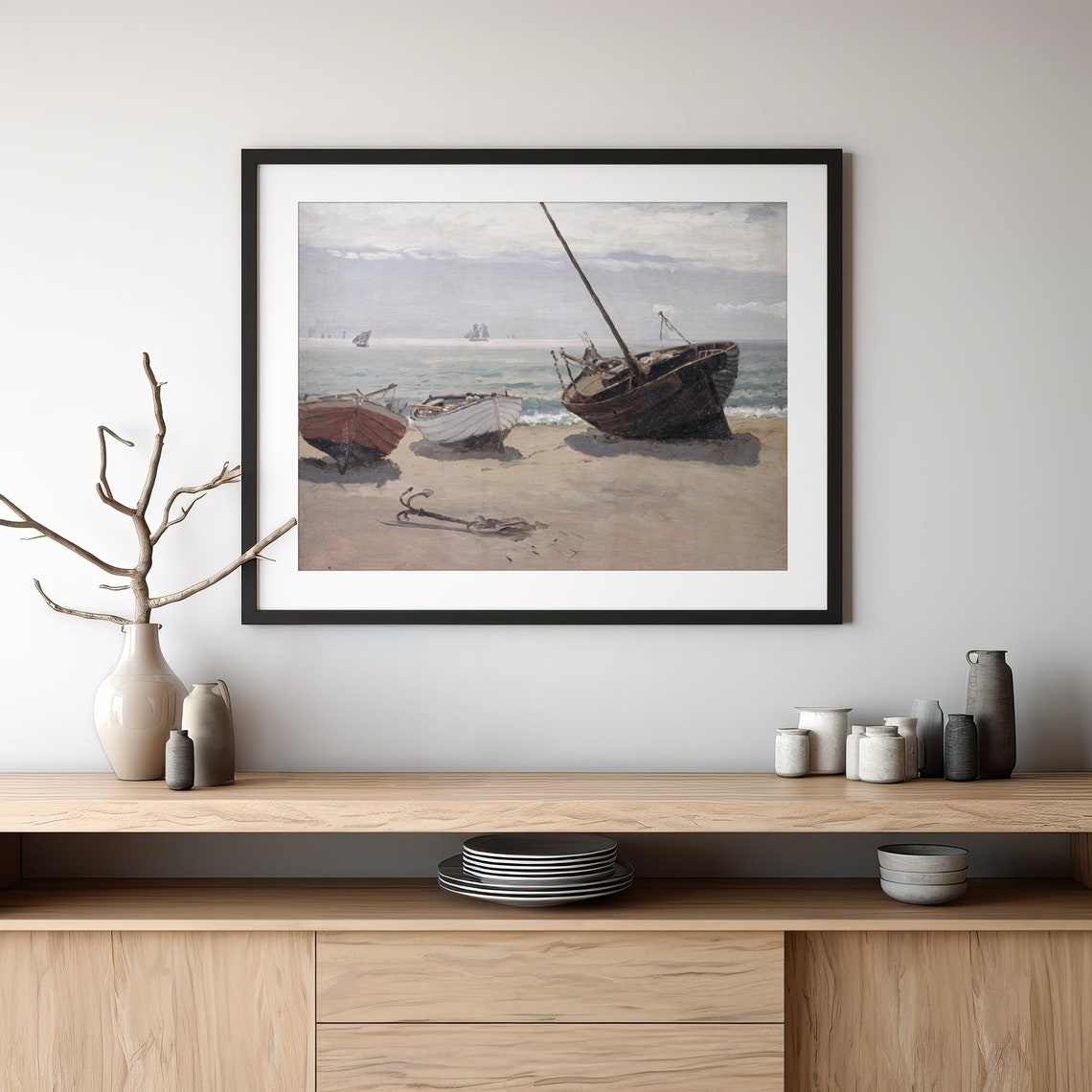 Vintage Fishing Boats Beached On Sand Nautical Oil Painting Poster - Image 4