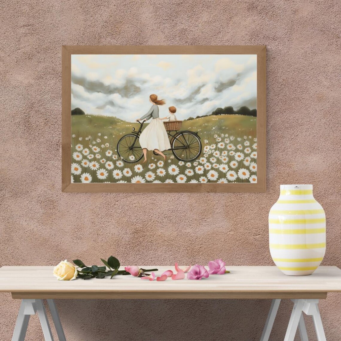 Vintage Mum and Child Bike Ride in Blooming Daisy Meadow Art Poster - Image 3