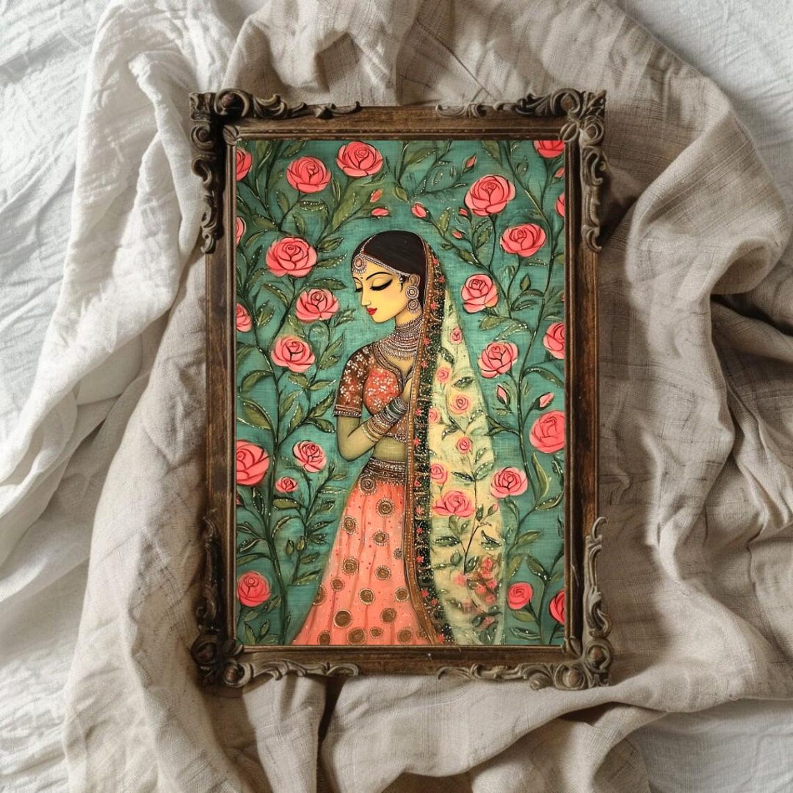 Elegant Indian Bride in Red Lehenga Among Pink Roses Folk Art Poster - Image 2