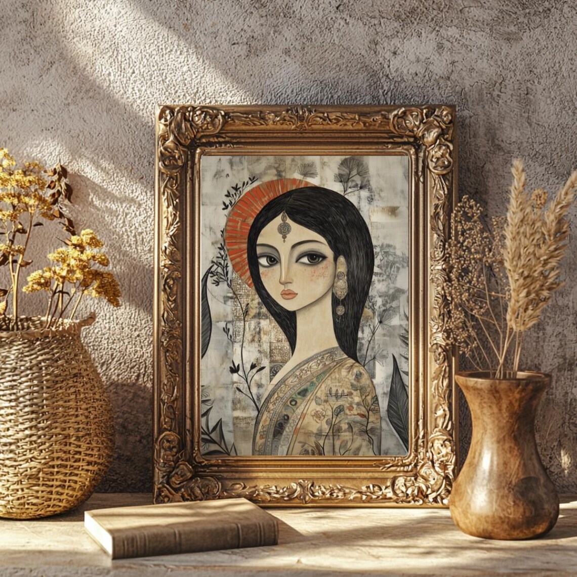 Elegant Indian Woman Portrait in Sari Traditional Folk Art Poster - Image 2
