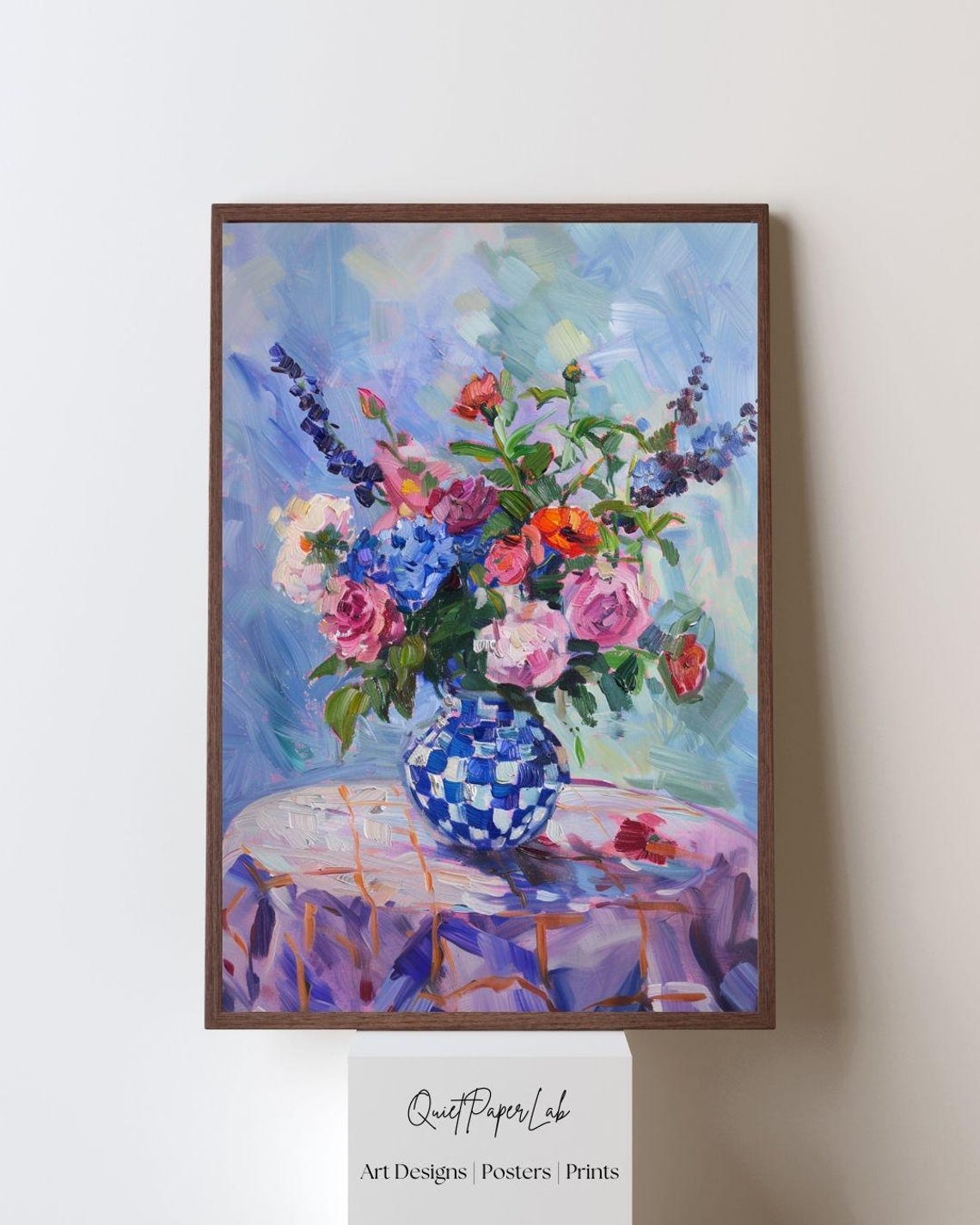 Fauvist Floral Bouquet in Checkered Vase Painterly Art Poster