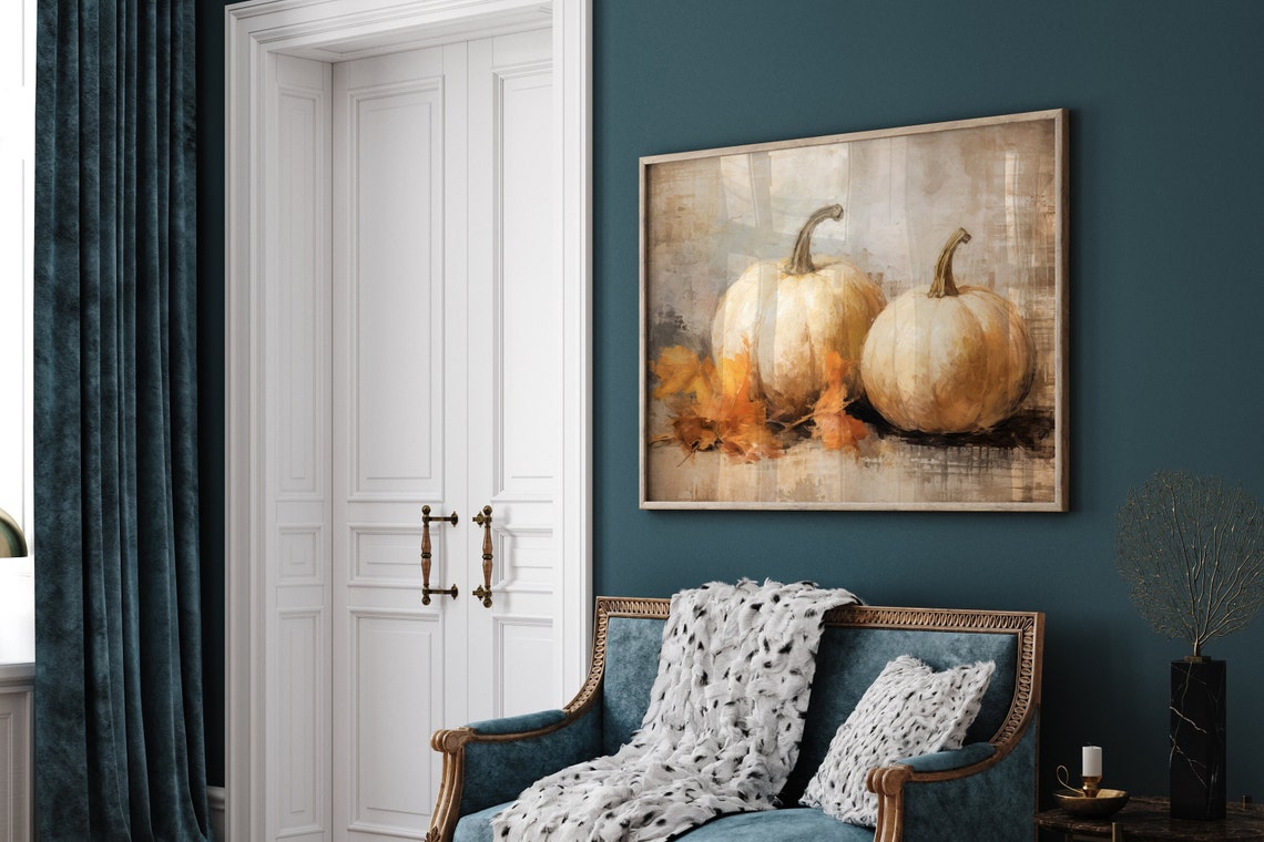 Two White Pumpkins With Fall Leaves Muted Autumn Still Life Poster - Image 3