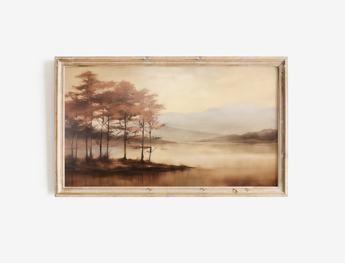 Serene Misty Autumn Lake with Trees Vintage Landscape Poster