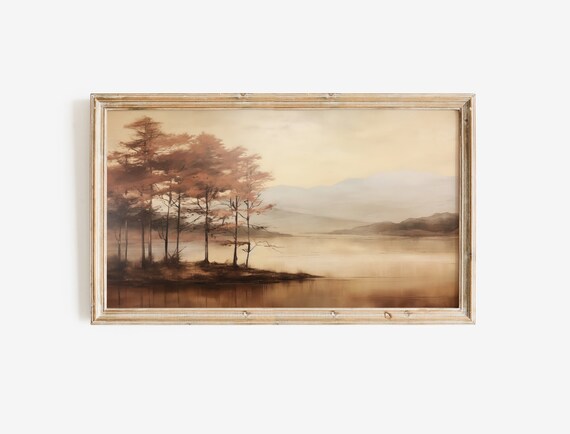 Serene Misty Autumn Lake with Trees Vintage Landscape Poster