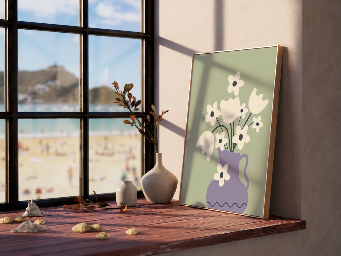 Lavender Purple Vase With Cream Flowers Boho Floral Art Poster - Image 2