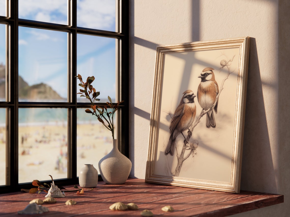 Two Crested Songbirds on Branch Vintage Sepia Illustration Poster - Image 4