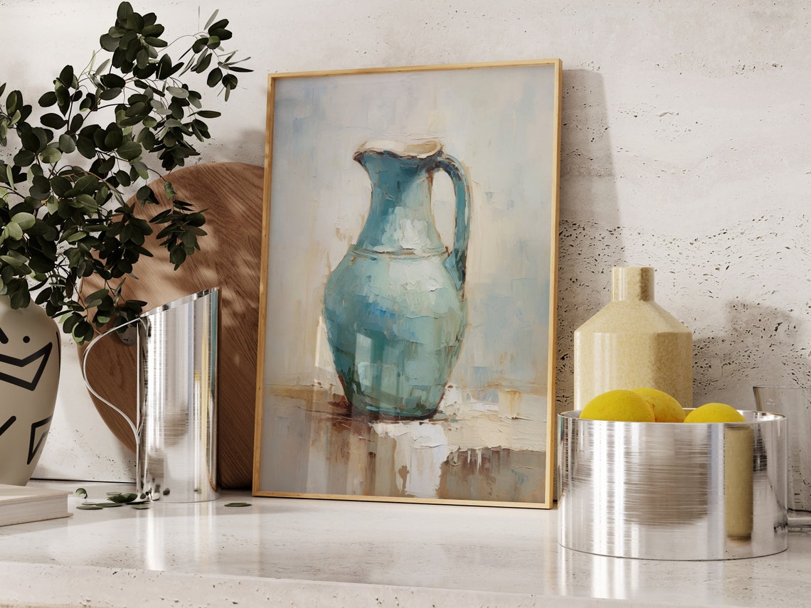 Turquoise Ceramic Pitcher Oil Painting Still Life Kitchen Wall Art - Image 4
