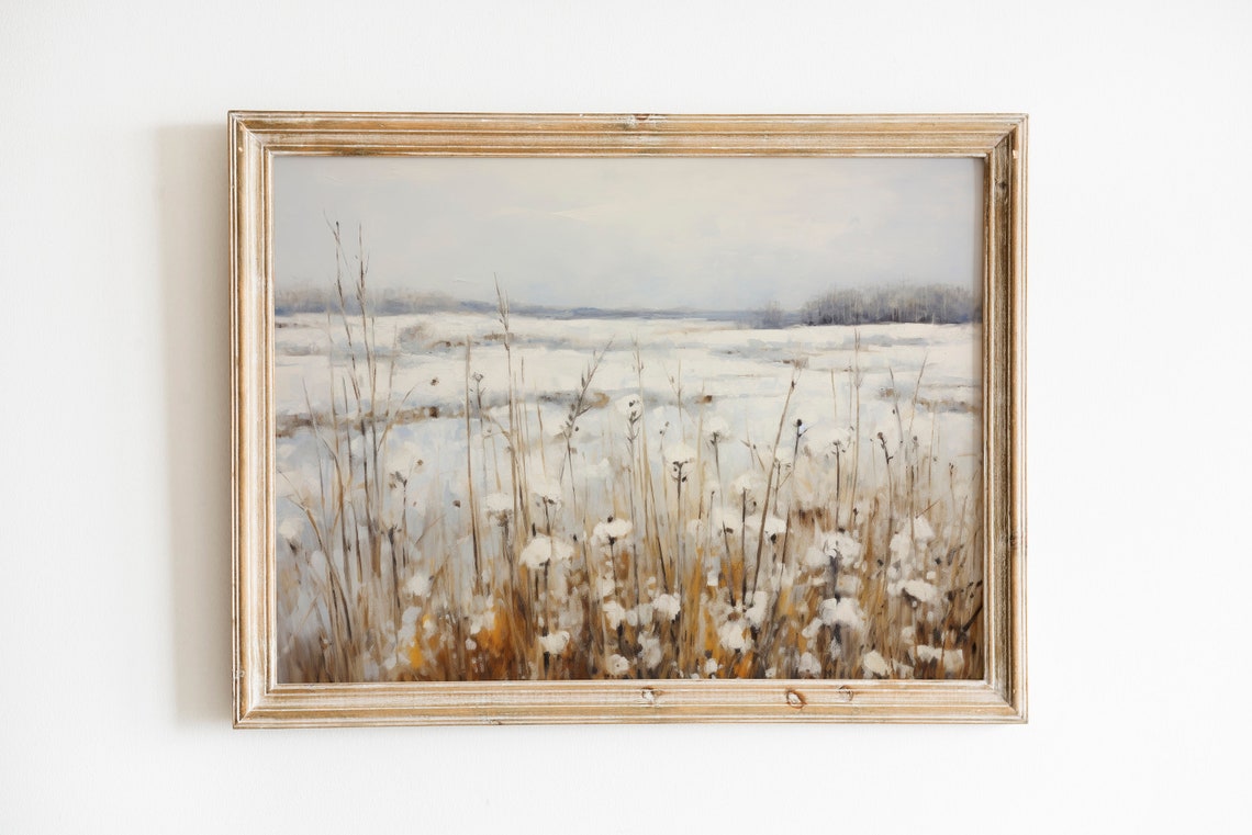 Winter Wildflower Meadow Vintage Snowy Landscape Oil Painting Poster