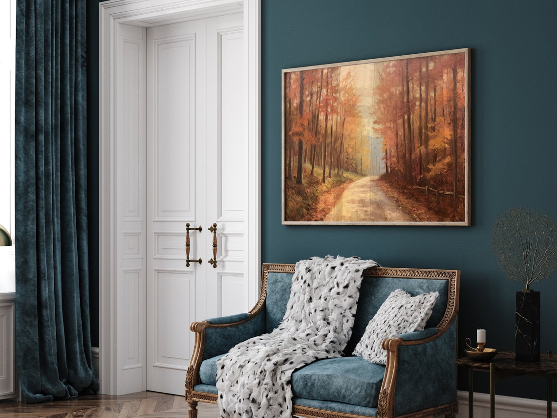 Old Country Road Autumn Forest Oil Painting Rustic Vintage Art Print - Image 3
