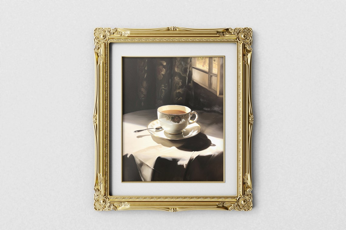 Sunlit Cup of Tea Moody Still Life Window Oil Painting Poster - Image 3