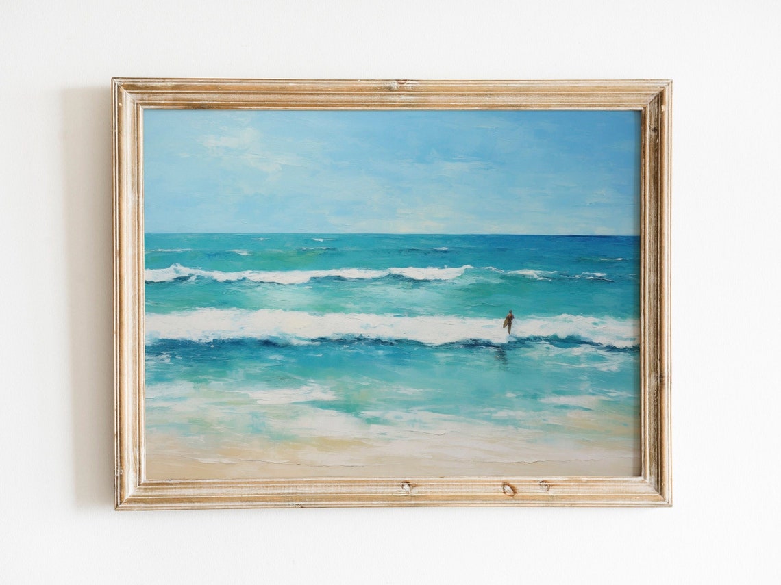 Turquoise Ocean Waves Lone Surfer Impressionist Beach Art Poster