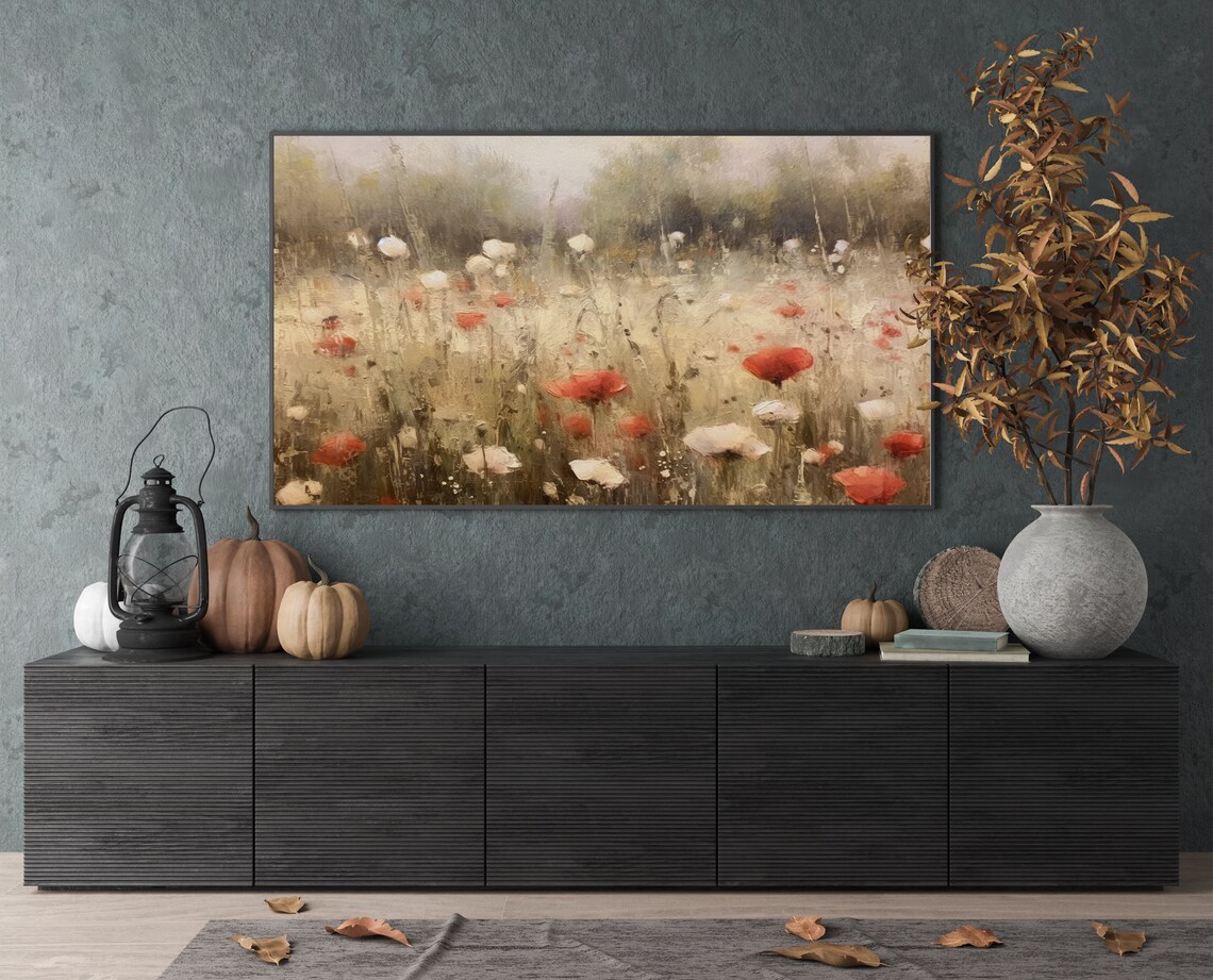 Red Poppy Wildflower Meadow Impressionist Oil Painting Wall Art - Image 4