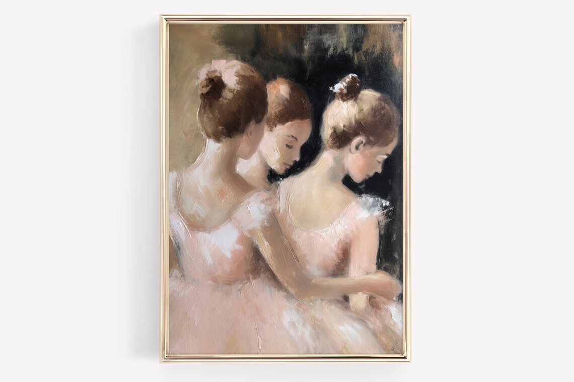 Three Ballerinas Pink Tutus Vintage Oil Painting Nursery Art Poster
