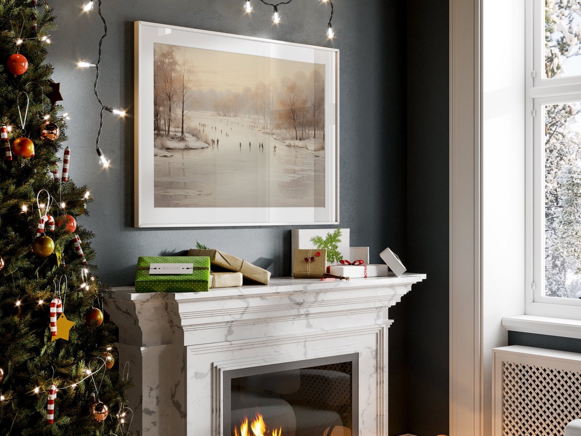 Ice Skaters on a Frozen Lake in a Misty Winter Landscape Poster - Image 3